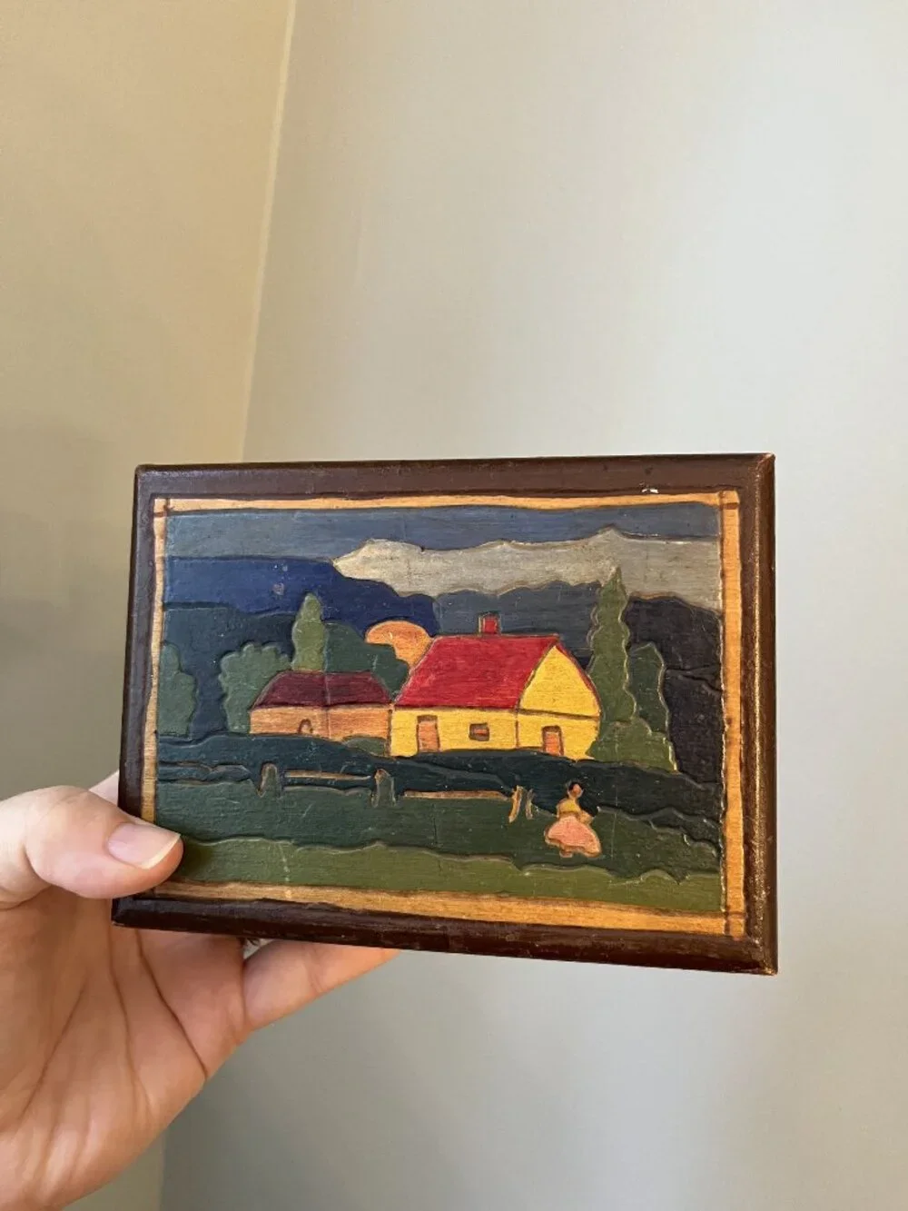 Vintage Folk Art Handcarved Handpainted Wooden Box With Rustic Farmhouse Scene 1